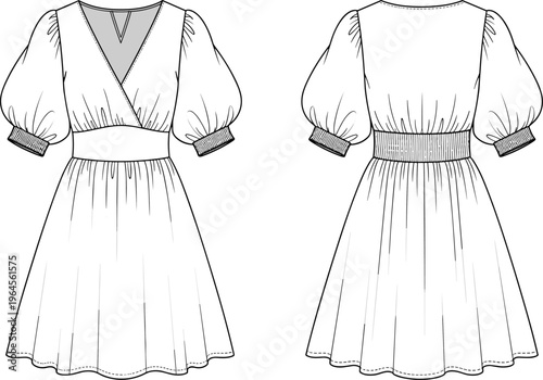 Technical cad drawing flat vector illustration of a women's v-neck wrap dress with puffed sleeves, flared skirt, front and back.