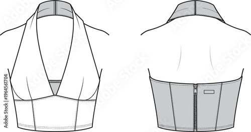 Technical cad drawing flat vector illustration of women's halter neck crop top with corset seams, back zipper and front view.