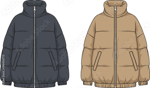CAD drawing flat vector illustration of a quilted puffer jacket with high collar, front zipper, pockets, and elastic hem detail