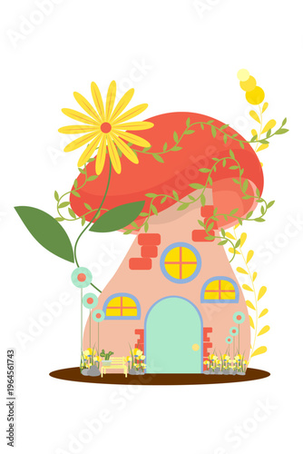 Cute fairy tale mushroom house with flowers, bench and grass, whimsical children illustration design.