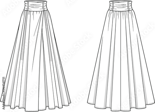 Technical CAD Drawing Flat Vector Illustration of Women High Waisted Maxi Wrap Skirt with Pleated Waistband Front and Back View