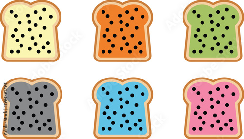 Set of six colorful toast bread icons with black seeds or poppy toppings in vibrant and pastel