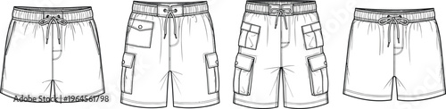 shorts, vector, cargo, technical, apparel, garment, sketch, fashion, template, mockup, clothing, trunks, athletic, casual, pocket