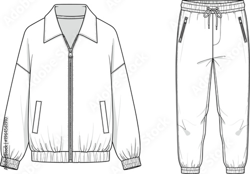 Technical CAD drawing flat vector illustration of a men's zip-up track jacket and matching jogger pants streetwear tracksuit fashion set.