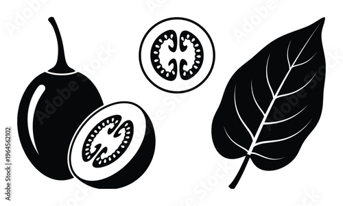 Black silhouette of two whole and one halved tomato or similar fruit with leaf on transparent background