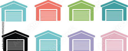 Set of eight colorful garage and warehouse icons featuring rolling shutter doors in various pastel and vibrant flat shades.