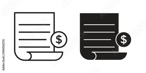 Invoice payment icons line and solid version, outline and filled vector design set