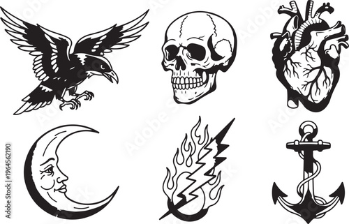 Vintage grunge vector set featuring fire elements, tribal tattoo patterns, and heraldic lion shield emblems with skull Black and white tattoo designs including raven bird skull heart moon flame anchor