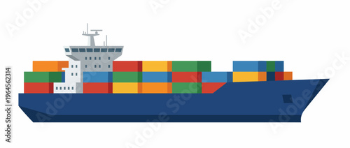 A large container ship is seen loaded with colorful cargo boxes, symbolizing global trade and commerce, and the interconnectedness of nations and economies on the seas.