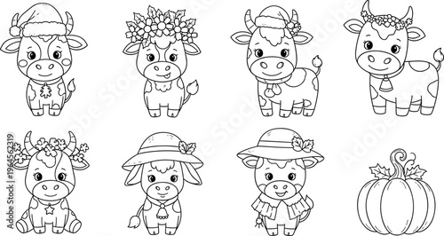 Cute cow characters vector set with seasonal accessories, flowers, hats and pumpkin, adorable cartoon farm animal outline illustration