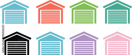 Set of eight colorful garage and warehouse icons featuring rolling shutter doors in various pastel and vibrant flat.