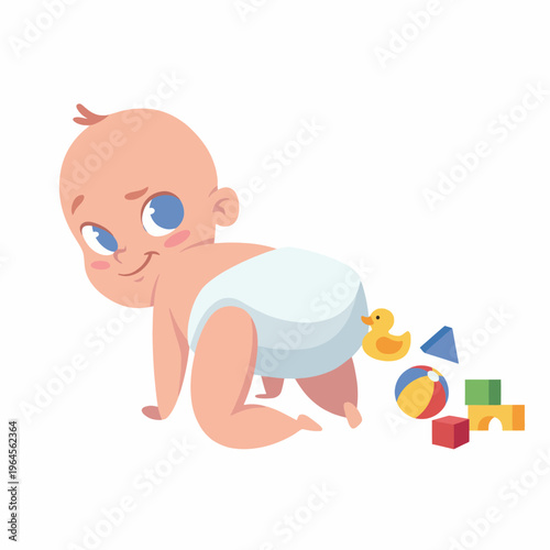 A charming illustration of a baby crawling with playful toys nearby, highlighting the joy and innocence of early childhood exploration and discovery of the world.