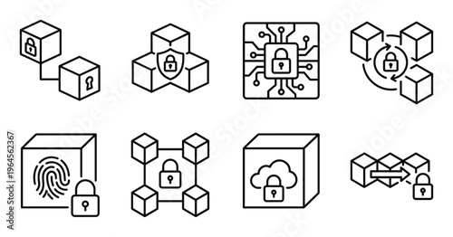 Blockchain and cyber security vector line icons set. digital security technology