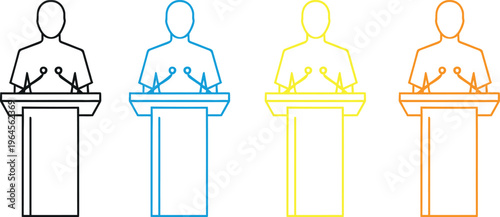 Multicolored line art of four speakers at podiums