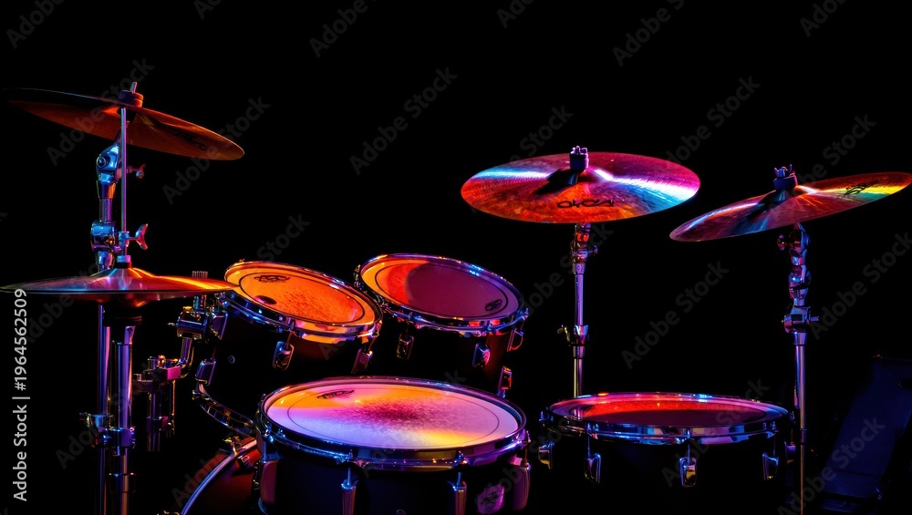 Fototapeta premium Vibrant Drum Set Illuminated on Dark Stage