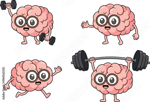 Cartoon human brain characters running, weight lifting, and meditating vector set, healthy lifestyle and fitness illustration
