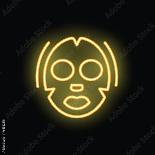 Neon sign of a cosmetic face mask glowing on black background representing beauty treatments