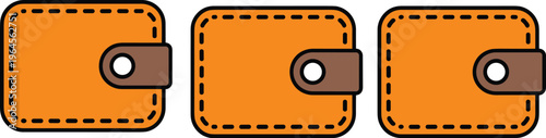 Set of three tan leather wallet icons with brown clasps and dashed stitching isolated on a white background banner.