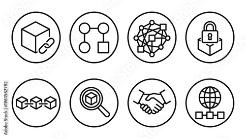 Blockchain vector line icons set. block chain technology flat linear symbols collection