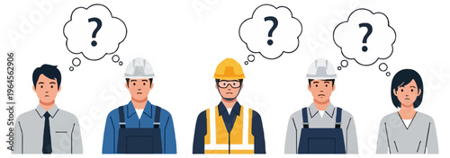 Five diverse male and female employees in professional and industrial uniforms standing in a row with question mark thought bubbles above their heads on a white background.