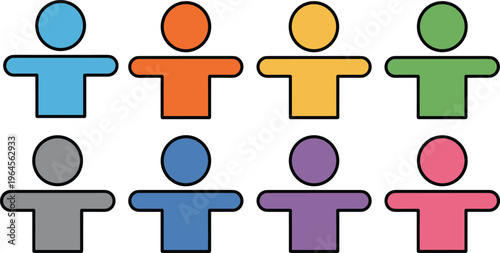 Set of eight colorful flat human figure icons in various pastel and vibrant shades for social media and community concepts.