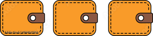 Set of three tan leather wallet icons with brown clasps and dashed stitching isolated on a white background banner.