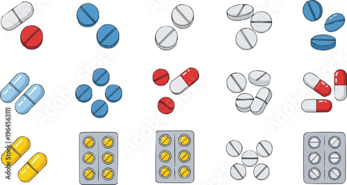 This image shows a collection of cartoon-style pills, tablets, and capsules