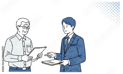 An older man in a button-down shirt and a younger man in a blue business suit discussing documents together in a halftone dot illustration style.