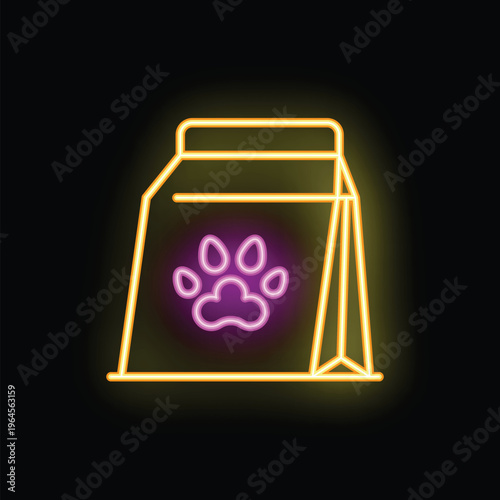 Neon sign of a dog food bag shining on a black background