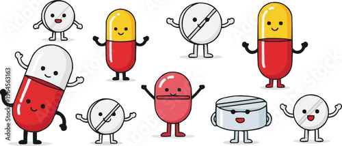 The image is a cartoon illustration featuring various types of pills and capsules, all anthropomorphized with cute faces, arms, and legs. 