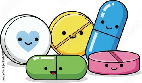 The image shows a collection of cartoon pills and capsules, all with smiling faces
