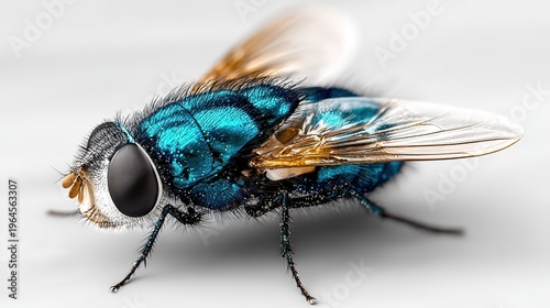 Macro Close-Up of Iridescent Blue Blow Fly, Detailed Insect Anatomy with Transparent Wings on Isolated White Background, Entomology Reference for Science Education and Design Projects