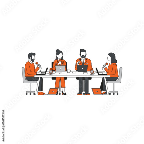 Four podcast presenters discuss topics with microphones and laptops at table.