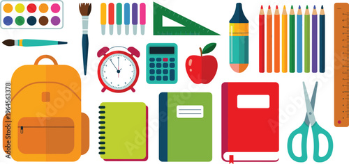 Large set of back to school supplies flat vector icons with backpack notebooks pencils apple and 