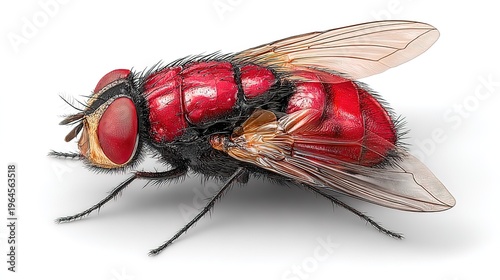 Detailed Red and Black Macro Fly with Translucent Wings, Realistic Spiky-Legged Insect Isolated on White Background, Scientific Illustration for Biology Education and Design Projects