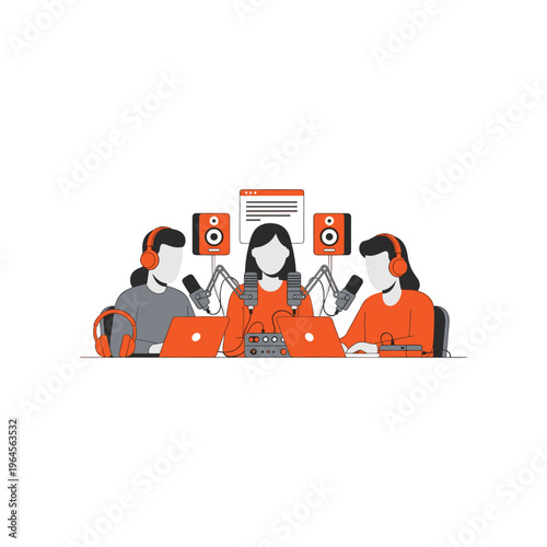 Women podcasting together using microphones laptops and audio mixer.