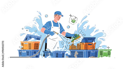 Hygiene Worker's Commitment: A sanitation worker meticulously cleans crates with a high-pressure hose, ensuring a clean and safe environment