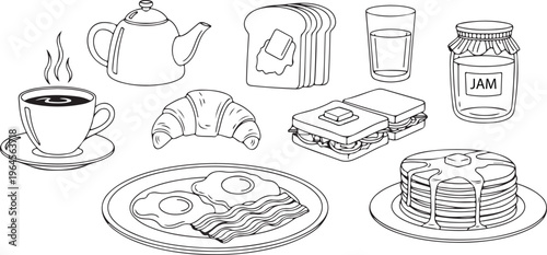 Breakfast food and drink items including coffee tea toast pancakes eggs bacon croissant sandwich jam