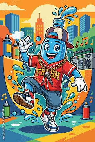 This image presents a lively character resembling a water bottle, styled with urban fashion, dancing amidst a vibrant cityscape filled with colorful elements.
