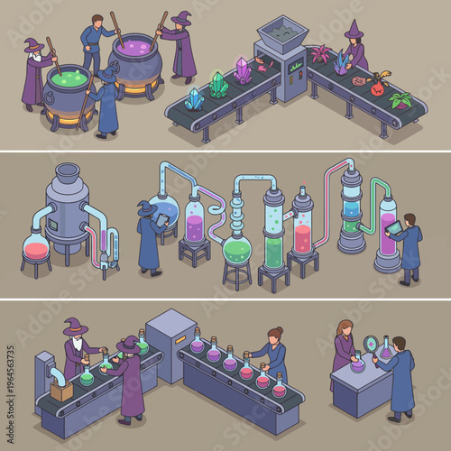 A whimsical depiction of wizards creating potions in a magical factory, illustrating creativity, fantasy, and the joyful essence of the magical arts in an engaging style.