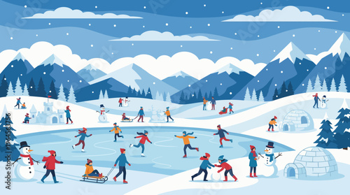A beautiful winter landscape filled with joyful people engaging in various snow activities, creating a festive and warm atmosphere perfect for holiday themes.