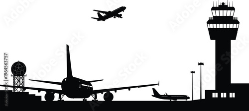 Airport silhouette scene with airplanes, control tower, radar and runway activity depicting aviation travel, transportation industry and air traffic operations