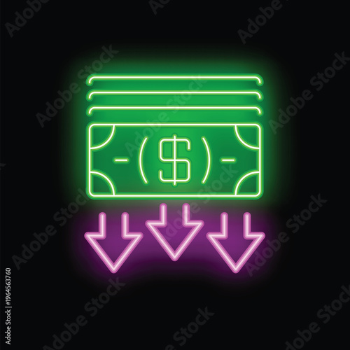 Neon sign showing a stack of dollar bills with three arrows pointing down, illustrating the concept of decreasing value or deflation