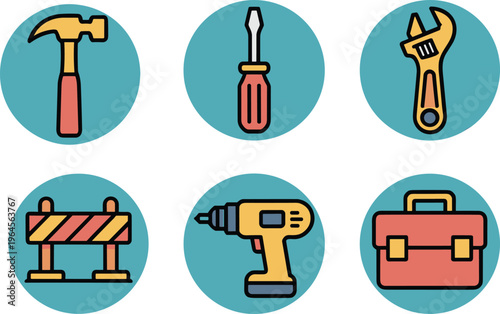 Collection of flat design construction tool icons including hammer, screwdriver, wrench, barrier, drill, and toolbox on teal circles.