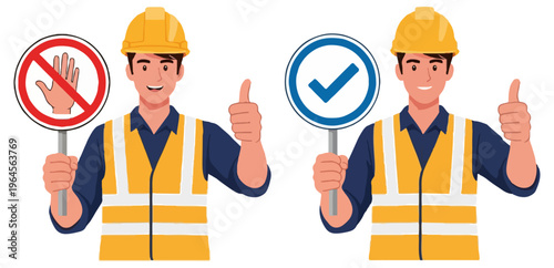 Two male construction workers in yellow safety helmets and reflective vests holding circular stop and check mark signs while giving a thumbs up gesture.