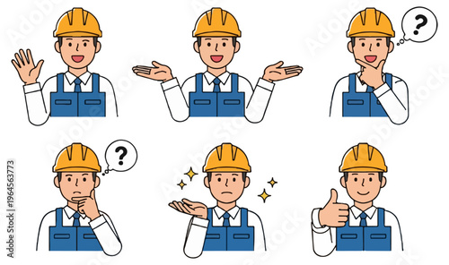 Six illustrations of a male construction worker wearing a yellow hard hat and blue overalls showing different facial expressions and hand gestures on a white background.