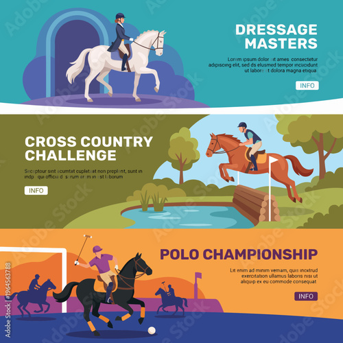 A vibrant illustration showcasing various equestrian sports events like dressage, cross country challenge, and polo, great for promoting equestrian competitions and activities.