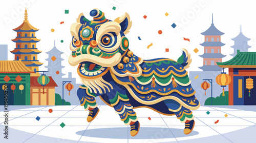 Photos This colorful artwork depicts a traditional lion dance, celebrating cultural heritage and festivity, featuring vivid designs and lively patterns that capture the essence of joy and celebration