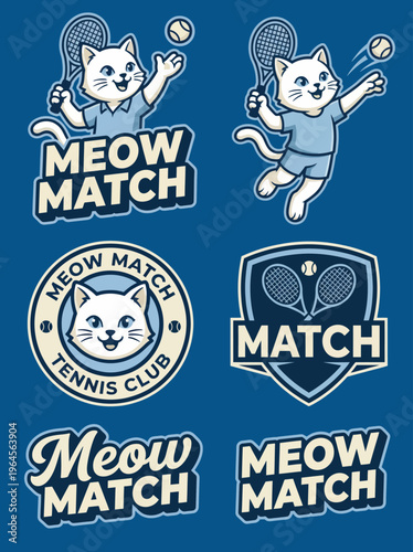 A whimsical logo featuring a cat playing tennis, portraying fun and competitiveness in sports, perfect for clubs or events aimed at engaging younger audiences in athletics.