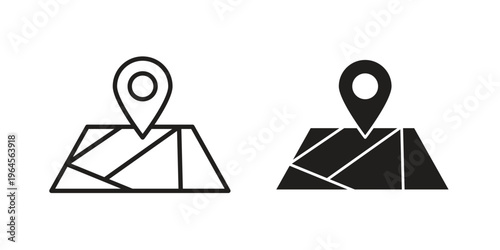 Map icons line and solid version, outline and filled vector design set